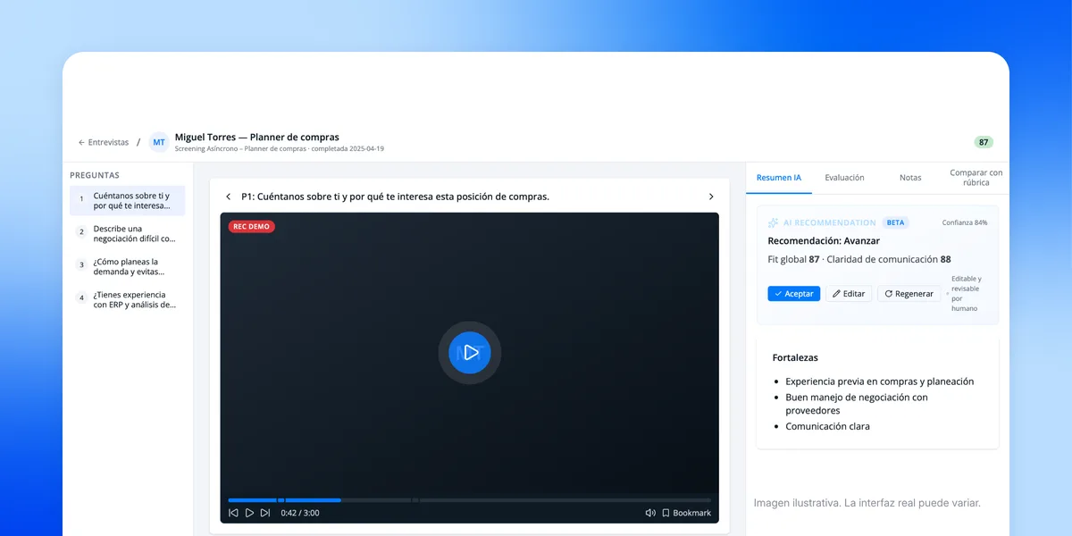 Revisión de una videoentrevista asíncrona con resumen de IA en Workbeat