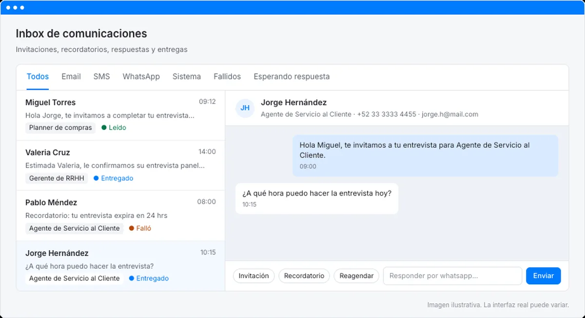 Inbox de comunicaciones con candidatos por WhatsApp, SMS y email en Workbeat